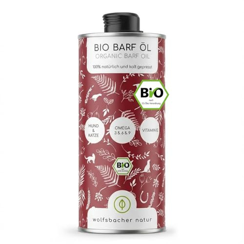 Futteröl für Hunde 1 Liter – 100% Bio Barföl - Natürlich und Vegan - Aus Leinöl, Nachtkerzenöl, Olivenöl, Kürbiskernöl, Chiaöl - Mit Omega 3-6-9, DE-ÖKO-060