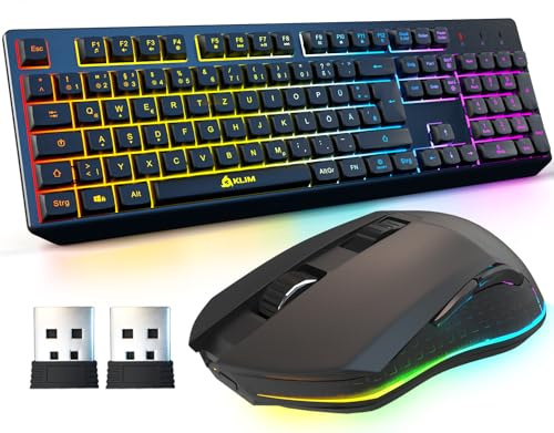 KLIM Blaze & Chroma - NEU - Tastatur Maus Set Kabellos QWERTZ- Flach, Ergonomisch - Maustastatur für PC, Eingebauter, langlebiger Akku