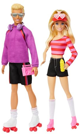 Barbie Fashionistas Rollschuh-Set Barbie und Ken | 2 Modepuppen mit Rollschuh-Outfits und Zubehör, ab 3 Jahren, HXK90