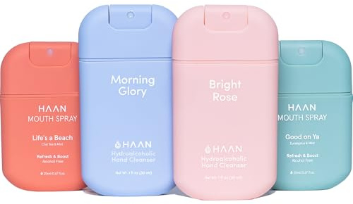 HAAN Befeuchtendes Aloe Vera Handspray und Mundspray (4er-Pack) – 1 Einheit pro Duft und Geschmack: Morning Glory, Bright Rose, Erdbeere und Minze
