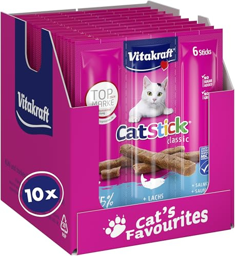 Vitakraft Cat Stick Classic, Katzen Leckerli, fleischiger Stick, mit Lachs, Vorratsgröße, ohne Zusatz von Zucker (10x 36g)