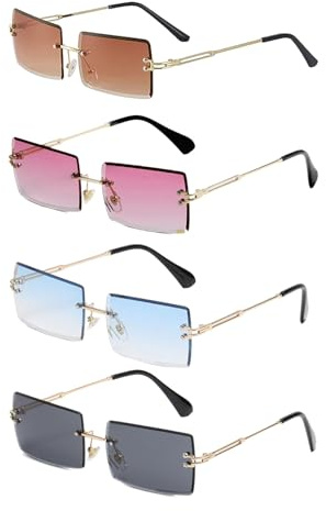 EUPSIIU 4 Paar Retro Sonnenbrille Randlose Mode Rechteck Sunglasses für Damen Herren Ultra-Small Frame Brille 80er Vintage Durchsichtige Linse Rahmenlose Rimless Sonnenbrille
