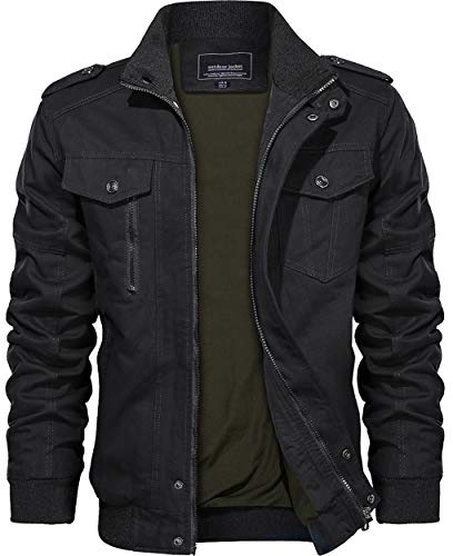 KEFITEVD Frühling Winter Herren Baumwoll Stehkragen Winddichte Jacke Multi-Taschen Militärische Taktische Jacke Schwarz, X-Large