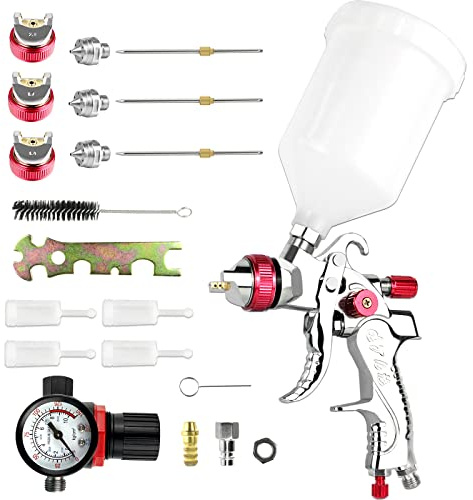 HVLP Professionelle Farbspritzpistole,Spritzpistole mit Luftdruckregler | Farbsprühsystem Spraypistole mit 3 Düsen 1,4 mm, 1,7 mm, 2,0 mm und 600 cc Plastikbecher, für Autos, Decken, Wände, Böden