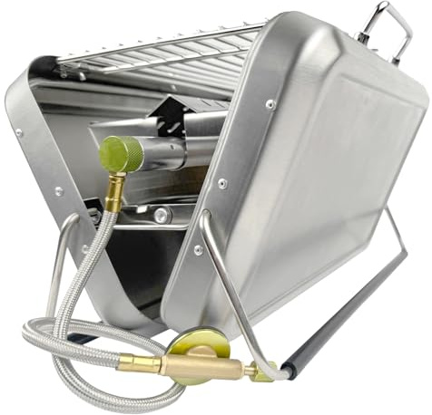 GARDINGER BBQ 42 mobiler Koffergrill aus Edelstahl für Gaskartuschen Holzkohle | Klappbarer Camping-Grill für Picknick Outdoor mit Grillzange | 31x20x7 cm
