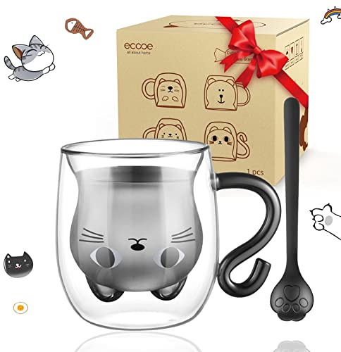 ecooe Doppelwandige Süße katze Latte Macchiato Gläser Kaffeetasse 290ml Kaffeeglas Teegläser für Cappuccino,Latte Macchiato,Tee, Milch, Bier, Geburtstag Valentinstag Geschenke für Frauen Männer Kinder