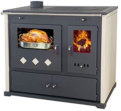Kaminofen mit Backfach und Herdplatte Pracktik Lux Beige LINKS Holzofen 9,5 kW Kamin Ofen Dauerbrandofen Werkstattofen Schwedenofen Hüttenofen Heizofen