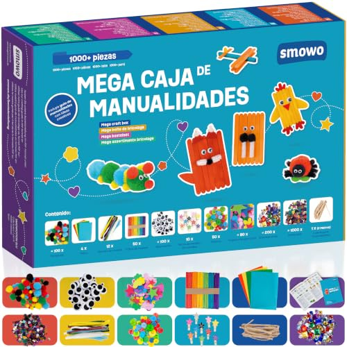 Smowo® Mega Bastelset Starterset - Bastelbox Mix - mit kreativen Bastelideen - Bunte Bastelbedarf Box zum basteln für Mädchen und Jungen