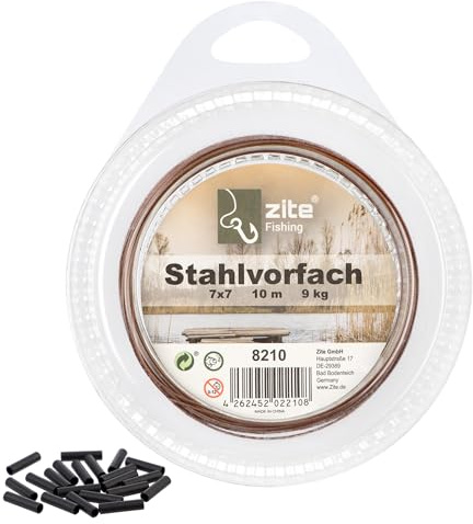 Zite Fishing Vorfachmaterial Stahl | Premium 7x7 Edelstahlvorfach für | Raubfische 6-12kg | Vorfachmaterial zum Selberbauen | 10m Spule mit 20 Quetschhülsen | Nylonummantelung in Braun