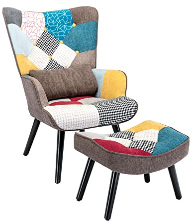 HomeMiYN Relaxsessel mit Hocker Patchwork Sessel Ohrensessel Wohnzimmer, Loungesessel Leinen Massivholzfüße, Moderner Fernsehsessel für Schlafzimmer Büro, Frühjahrsangebot Gemütliche Ecke