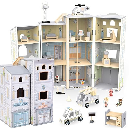 Mamabrum Große Feuerwache und Polizeistation aus Holz - Spielset für Kinder - Feuerwehr und Polizei Rollenspiel - Mit Fahrzeugen und Figuren