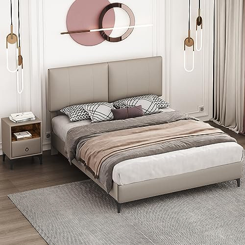 Kayan Schlafzimmer Set, Modernes Design Doppelbett + 1x Nachttisch, Polsterbett mit Knöpfen und Rautenmuster, Nachttisch mit Einer Schublade, Komplettschlafzimmer, PU, Hellgrau (140x200cm)