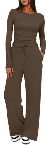 Darong 2-teiliges Damen-Set, Herbst-Outfits, langärmelig, weites Bein, Trainingsanzüge, lässig, Lounge-Set, passende Sets, Khaki (normal), XS