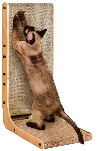 EHEYCIGA Kratzbrett Katze, 68 cm Hohe L Förmige Kratzpappe für Katzen, Hochdichtes Verschleißfestes Kratzmöbel mit Katzenspielzeug, Katzenkratzbrett für Wand und Ecke, Groß