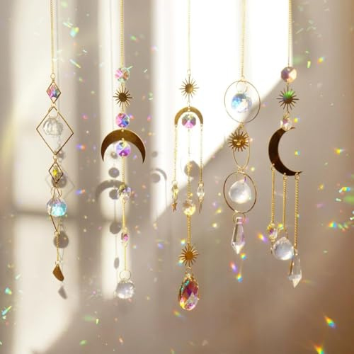 5 Stück Sonnenfänger Kristall Hanging Windspiel Regenbogen Sonnen Mond | Anhänger Kristalle Ornament Kristallkugeln für Fenster Haus Garten Weihnachten Tag Party Hochzeit Dekoration