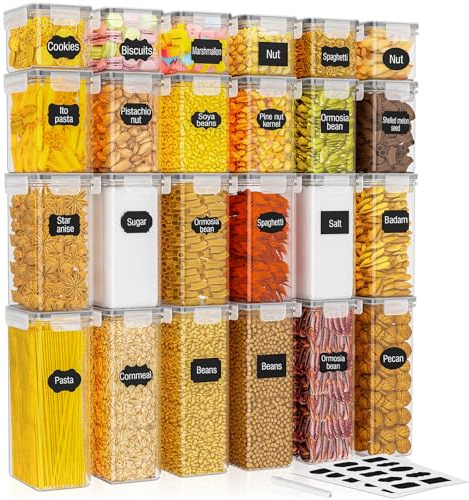 PurKeep Set mit 24 luftdichten Vorratsdosen & Kühlschrank-Organizer, BPA-frei, Küchenaufbewahrungsbehälter für Müsli, Mehl, Zucker, Körner & Backzubehör, 42 Liter großes Volumen inkl. 24 Etiketten
