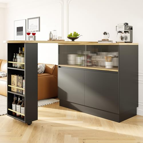 DRIXNO Um 360° Drehbare Essbar, Schwarzes Multifunktionales, drehbares Sideboard mit Ablageflächen und Changhong-Glas, Geeignet für Küchen Restaurant