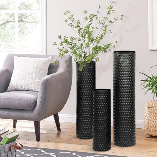 Bodenvase Groß Schwarz, Metall Bodenvasen für Wohnzimmer 70/55/40cm, Bodenvase Große Set of 3, Moderne Wabenstruktur Extra Große Hohe Bodenvasen, Metall Standvase für Wohnzimmer Kamin Flur Ecke Büro