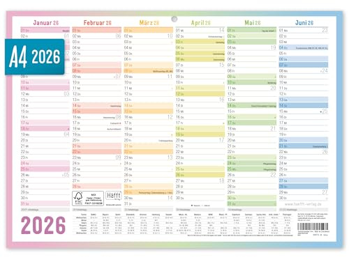 Häfft® Premium Tafelkalender 2026 A4 quer mit Ferien & Feiertagen, 850g/m² Karton - Jahresplaner, Wandkalender, Jahreskalender "Rainbow" - nachhaltig & klimafreundlich