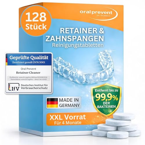 Oral Prevent Retainer Cleaner Reinigungstabletten (128 Stück) - Zahnspangenreiniger & Zahnschiene Reinigung - Gebissreiniger Tabs - Effektive Tiefenreinigung - Minzfrisch