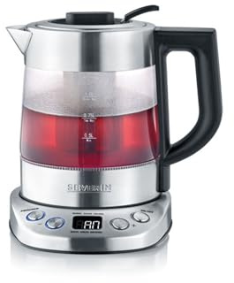 SEVERIN Glas Tee- und Wasserkocher Mini Deluxe (1.0L Wasser / 0.75L Tee), Teekocher mit einstellbarer Temperatur und Ziehzeit, Glas Wasserkocher mit voreingestellten Teeprogrammen, 2.200 W, WK 3473