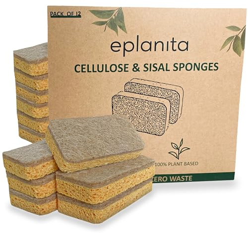 eplanita Natur Zelluloseschwamm und Sisalschwamm (12er-Pack) Bio Reinigungsschwamm, Küchenschwamm, Spülschwamm, Geschirrschwamm, Biologisch Abbaubar, Umweltfreundlich, Wiederverwendbar und Nachhaltig