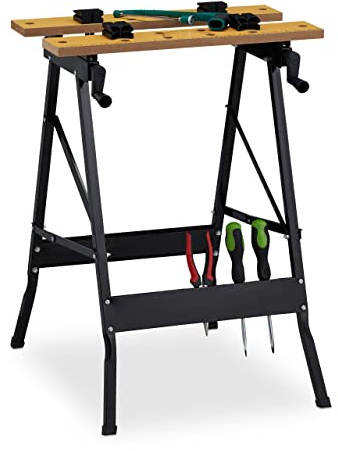 Relaxdays Werkbank klappbar, bis 100 kg, Verstellbarer Arbeitstisch, 4 Spannbacken, HBT 75,5 x 56 x 62 cm, Natur/schwarz