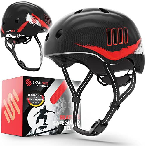 SKATEWIZ Kinder Fahrradhelm Mädchen - Fahrradhelm Kinder Jungen, Fahrradhelm Kinder - Skaterhelm Kinder, Fahrrad Helm Kind, Kinderhelm - Helm Kinder, Helm Fahrrad - Größe S Schwarz-Rot Skatewiz