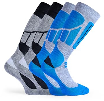 Basic Treasure 2er Pack Skisocken Herren 39-42 Schwarz/Blau, Warm und Lang Skistrümpfe, Ski Socken, Extra Starke Polsterung, Skisocken für herren und Damen