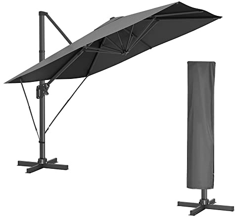 SONGMICS Sonnenschirm 290 x 290 cm, Ampelschirm, Gartenschirm, UV-Schutz UPF 50+, um 360° drehbar, Neigungswinkel verstellbar, mit Ständer, Befestigungsgurten und Abdeckung, rauchgrau GPU039G01