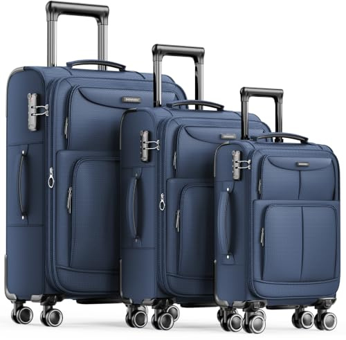SHOWKOO Kofferset 3 Teilig Stoffkoffer Weichschale Erweiterbar Reisekoffer Leicht Haltbar Trolley Handgepäck Sets mit TSA Schloss und 4 Rollen (M L XL -Blau)