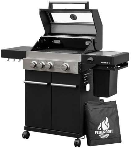 Feuergott Gasgrill Hektor 3B-S Edelstahl Gasgrillstation 3 Brenner, Infrarot Sear-Brenner, Gusseisen-Grillrost, Seitenkocher und Kochplatte Inkl. Abdeckhaube für Garten, Terrasse