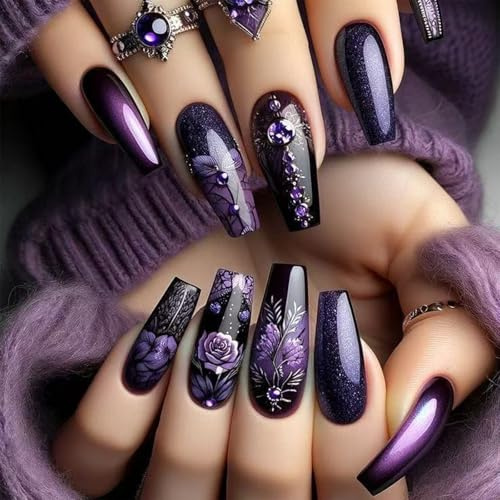 Nymora Künstliche Nägel - 24 Stück Lange Quadratische Nägel in Schwarz Lila mit Acryl Farbverlauf und Pinken Rosen Design - Kunstnägel zum Aufkleben