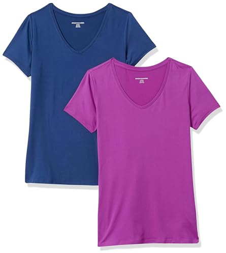 Amazon Essentials Damen Active Quick Dry Tech Stretch Kurzarm-T-Shirt mit V-Ausschnitt (in Übergröße erhältlich), 2er-Pack, Marineblau/Orchideenviolett, XXL