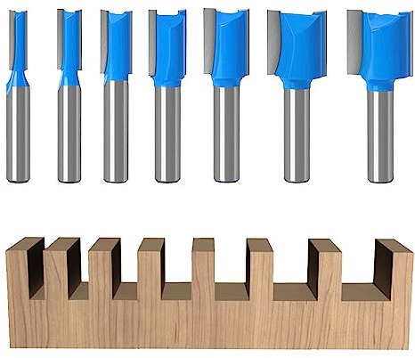 7-tlg. Zweischneidige Geradfräser, 8 mm Schaft, für Oberfräse | Für gerade Nuten und Schnitte in Holz; mehrere Größen mit 8-mm-Schaft für Oberfräsen.
