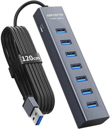 7-Port USB Hub 3.0 mit 120cm Kabel für Desktop, Aluminium USB Verteiler 5Gbps Multiport Adapter Splitter mit 5V 3A Type-C Port für PC, Laptop, MacBook, U-Disk, Maus