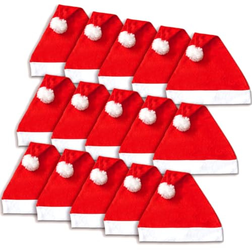 Jonami 15 Weihnachtsmützen, Nikolausmützen Weihnachtsmann Mütze Rot fur alle Erwachsene Einheitsgröße. Weihnachtszubehör
