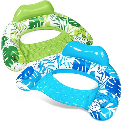 SLOOSH Aufblasbare Pool-Flöße für Erwachsene, 2er Poolstühle mit Getränkehaltern, aufblasbarer Schwimmstuhl, Blätterdesign für entspannte Sommer-Wasserfreude, Schwimmparty, Strand, Blau, Grün