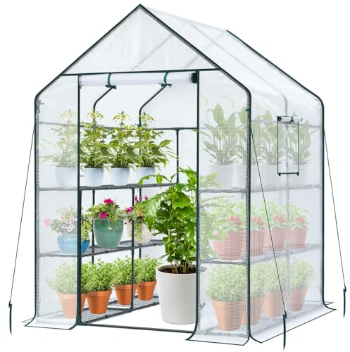 Ohuhu Gewächshaus Foliengewächshaus 3 Tiers 12 Regale | Winterfest & Stabil | Tomatengewächshaus für Pflanzen mit PE-Abdeckung | Tomatenhaus für Garten 145x145x195 cm Weiß
