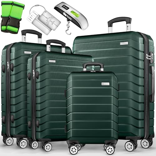 tillvex® Kofferset 4-teilig + Gepäckwaage, 2X Koffergurte & 4X Anhänger | Hartschale Reisekoffer Set 4x 360° Rollen | Trolley Gepäck Koffer mit TSA Schloss | Rollkoffer Hartschalenkofferset S-M-L-XL