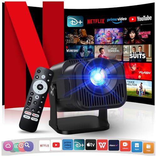 [Netflix Offiziell/Stereo-Lautsprecher] 4K Beamer mit WiFi und Bluetooth, 1080P Native Mini Beamer Tragbar, One-Click Use Built-in Netflix/YouTube/PrimeVideo/D+, Smart Home Outdoor Projektor Schwarz