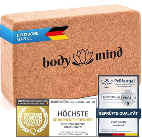 BODY & MIND® Yoga Block aus 100% Naturkork - extra stabiler Yogaklotz | Sicheres Training ohne Wegrutschen, hautfreundlich abgerundete Kanten, massiver Pilates Klotz, für Anfänger & Profis
