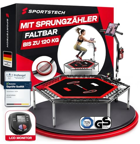 Sportstech, Fitness Trampolin + Sprungzähler, Pulsgurt und App HTX100 | Höhenverstellbarer Haltegriff, klappbar, indoor Erwachsene, bis 150 kg belastbar, mit Sprungzähler.