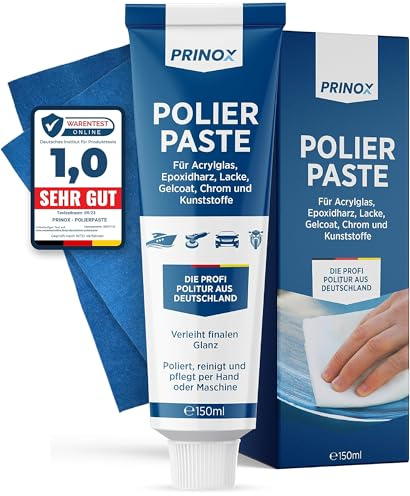 PRINOX 150ml Polierpaste inkl. Profi Poliertuch I Politur für Acrylglas, Epoxidharz, Lacke, Gelcoat gfk, Chrom & Kunststoffe I Entfernt Mattierungen & Mikro Kratzer
