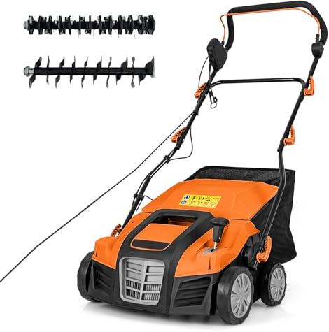 RELAX4LIFE Elektro Vertikutierer Rasenlüfter, 2000W|42cm Arbeitsbreite|5 Stufen Arbeitstiefe|55L Fangkorb|3 Stufen Höhe, Rasenvertikutierer mit Messerwalze & Lüfterwalze, für Rasenpflege (Orange)