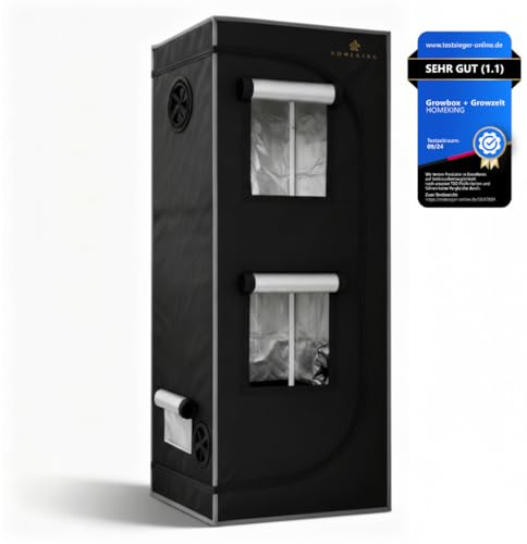 HOMEKING Growzelt 60x60x180 | Professionelle Zuchtzelte für Hydrokulturen | Wasserdicht, Lichtdicht 1680D & Hohe Erträge | Perfekt für Indoor Gewächshaus Hydroponic System | Farbe: Grau/Schwarz