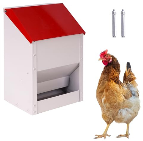 BREUAILY 4.5kg Futterautomat Hühner Hühnerfutter Automat Hängend Geflügelfutterautomaten mit Deckel aus Edelstahl Aufhängbar HüHnerfutterautomat für Geflügel HüHner Enten (Rot)