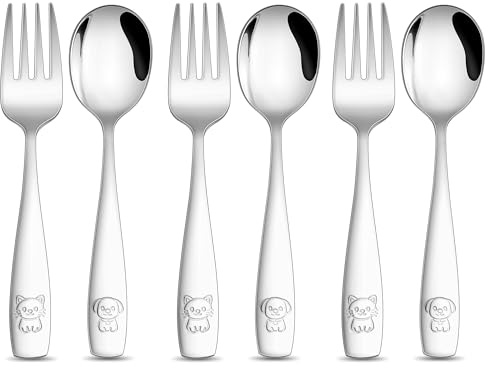 Joyfair Kinderbesteck, 6-teilig Edelstahl Kleiner Kinder Besteck Set mit Gravur, Kindergeschirr Set mit 3 x kindergabel und 3 x Kinderlöffel für Mädchen Jungen ab 3 Jahre, Gesund & Spülmaschinenfest