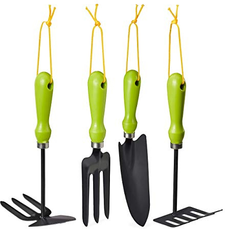 Relaxdays Gartenwerkzeug Set 4-teilig, Blumenkelle, Kleinrechen, Doppelhacke, Blumengabel, Gartengeräte Set, Eisen, grün
