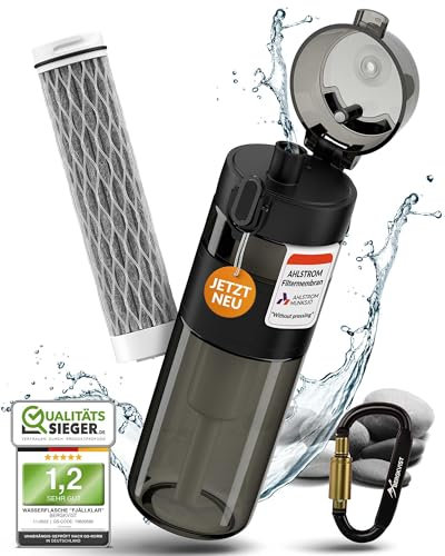 BERGKVIST® Outdoor Wasserfilter Flasche FJÄLLKLAR (500 ml) - Trinkflasche mit Filter von AHLSTROM® für sauberes Trinkwasser beim Campen, Wandern & Survival-Abenteuer - Schwarz